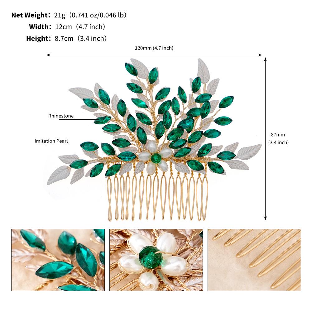 

Vintage Chinese Bridal Hair Comb: Forest Style Alloy Leaf with Green Rhinestones