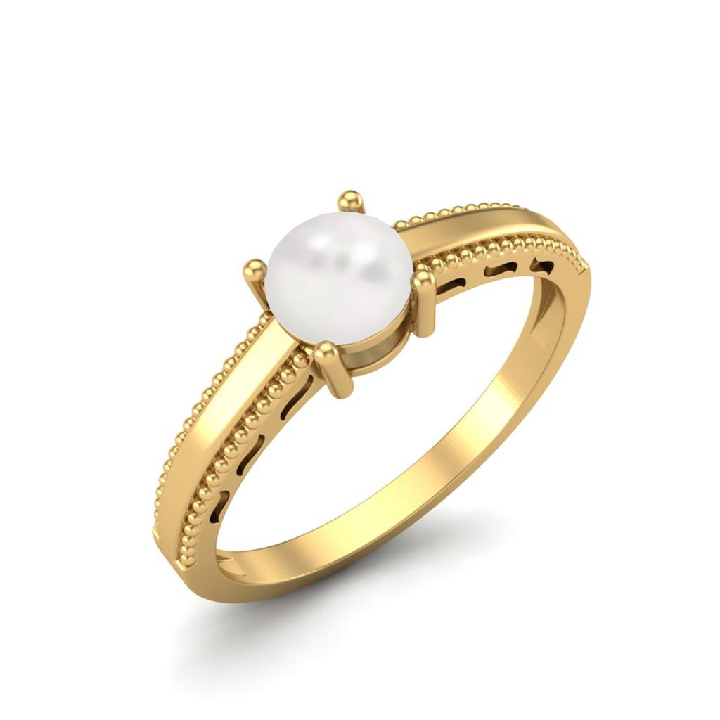 925 Sterling Silver Gold Vermeil 0.50 Cts Round Pearl Solitaire Beaded Shank Anniversary Women Ring