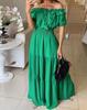 2025 Euro-American Trendy Off-Shoulder Ruffle Puff Sleeve Lace-Up Dress for Women