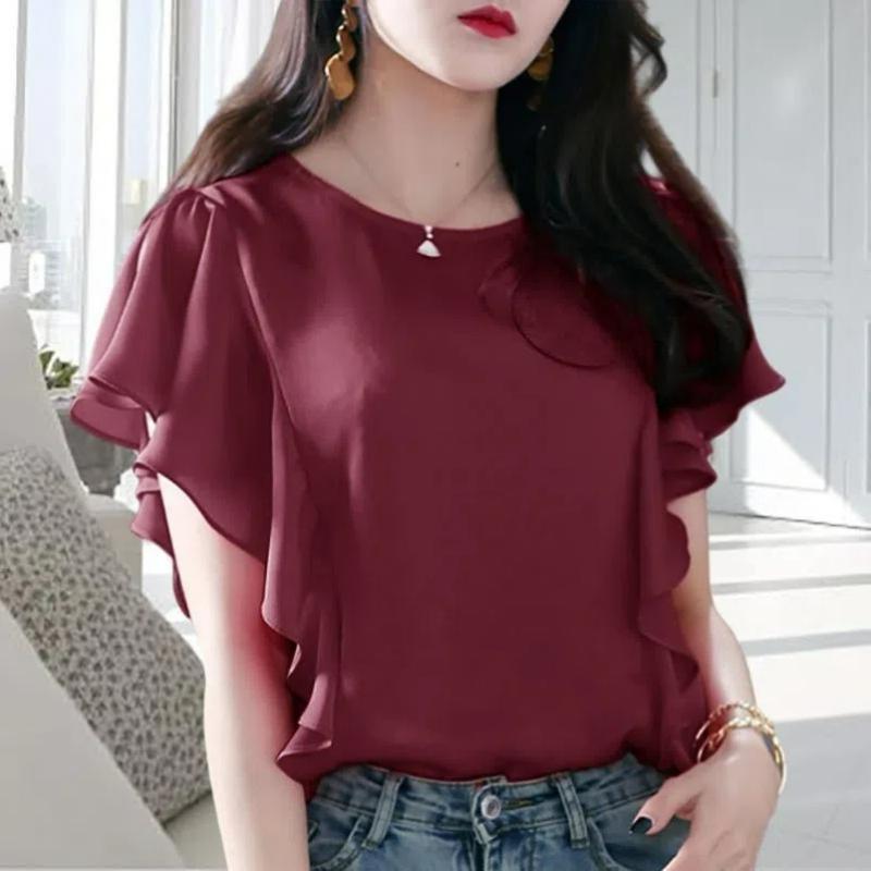 Summer Thin Temperament Ruffled Chiffon Shirt Short Sleeved T-shirt Women's Solid Patchwork Round Neck Korean Fashion Loose Top
