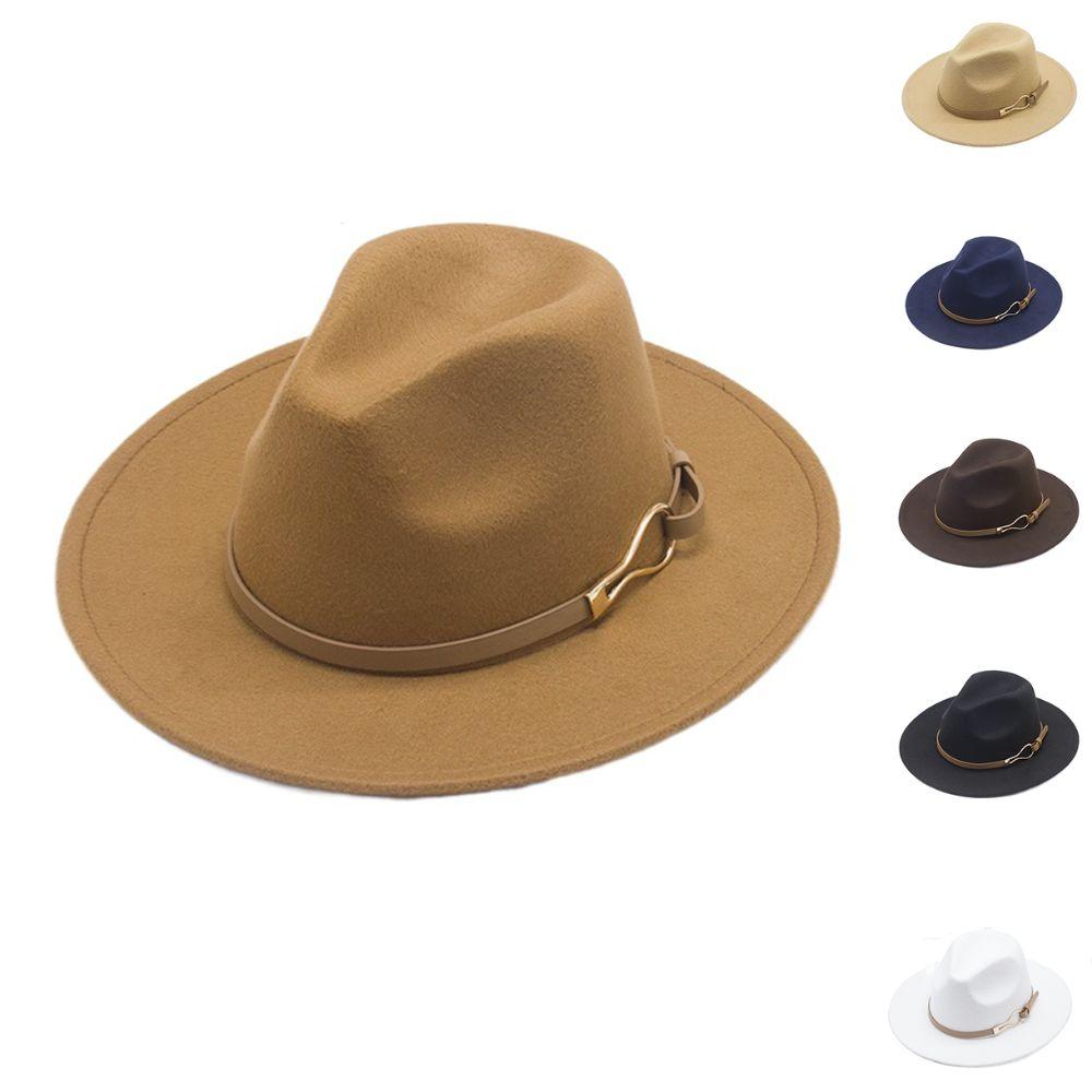 Fashion Wide Brim Jazz Hat with Belt Buckle Adjustable Felt Fedora Hats Comfortable Breathable Cowboy Cap Unisex