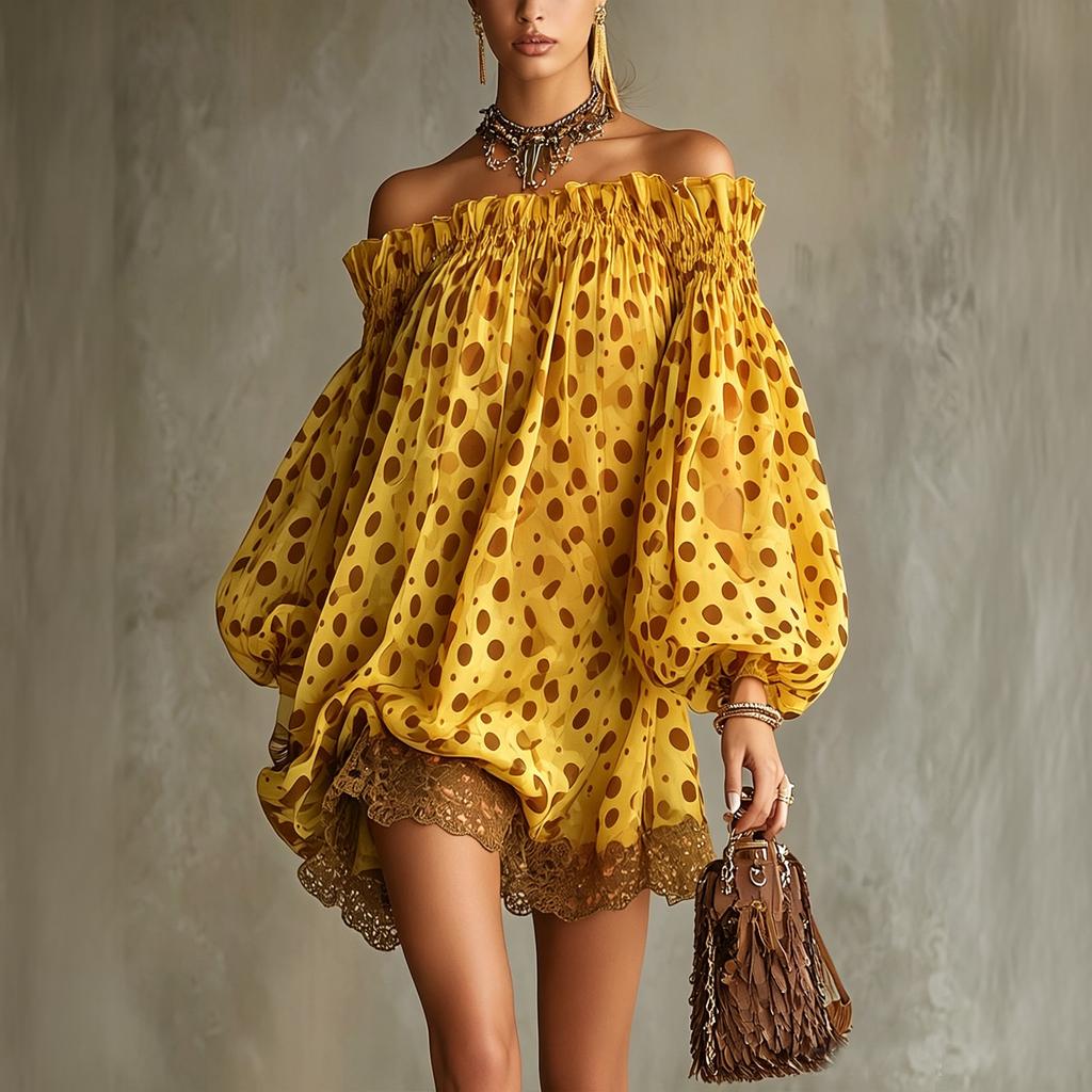 Women's Off-Shoulder Polka Dot Chiffon Puff Sleeve Dress
