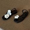Good-looking Version~ Summer New Xiaoxiangfeng Open-toed Square Camellia One-word Buckle Sandals Women's Flat-bottomed Cool Slippers