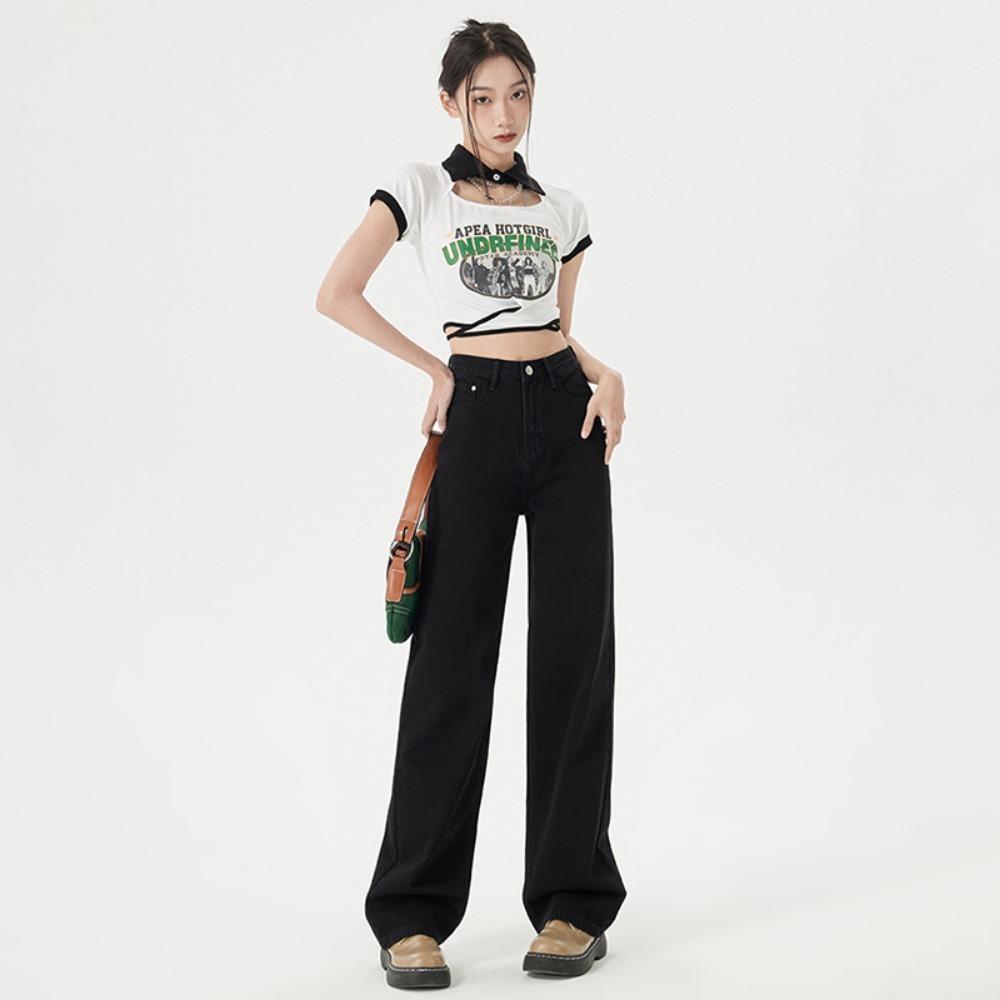 

Straight jeans women s autumn and winter new Spice Girl high waist loose and thin narrow version wide leg floor pants trendy ins 2XL чёрный