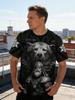 Men's Black and White Norse Graphic Tee, Viking Warrior and Bear with Slavic Runes, All-Over Tribal Print, Casual Short Sleeve