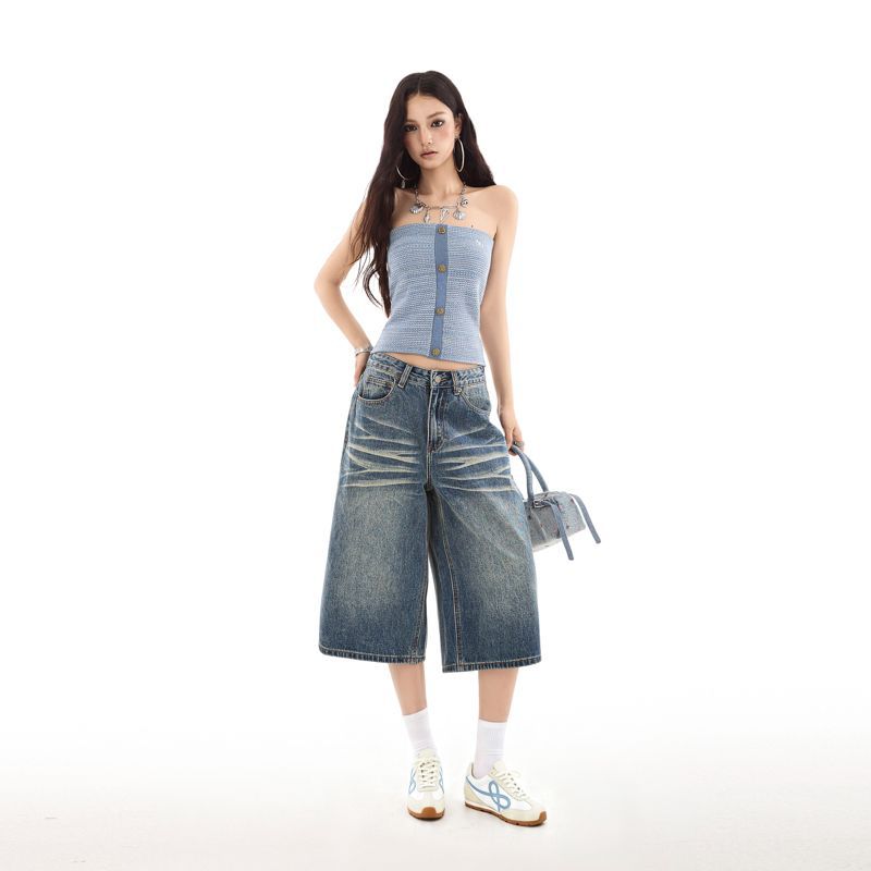 Fashion Summer Vintage Whisker Unisex Streetwear Wide Leg Loose Straight Denim Cropped Capri Pants Trendy Versatile Slimming Couple Outfit