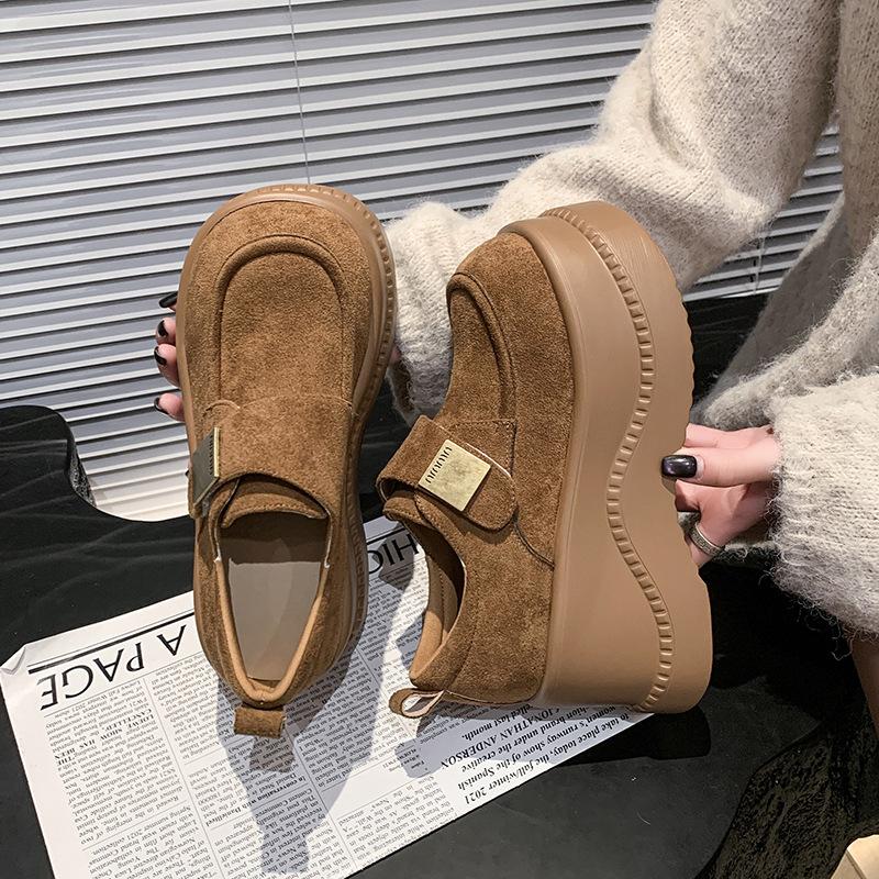 Leather Platform Women's Spring New Small Height Increase Casual Velcro Loafers