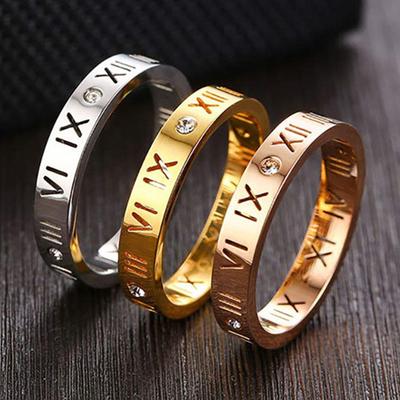 Hollow Roman Numeral Ring Stainless Steel Cute 4mm Rings Zircon Charm Jewelry Women Rose Gold  Color Size 6 To 12 Quality