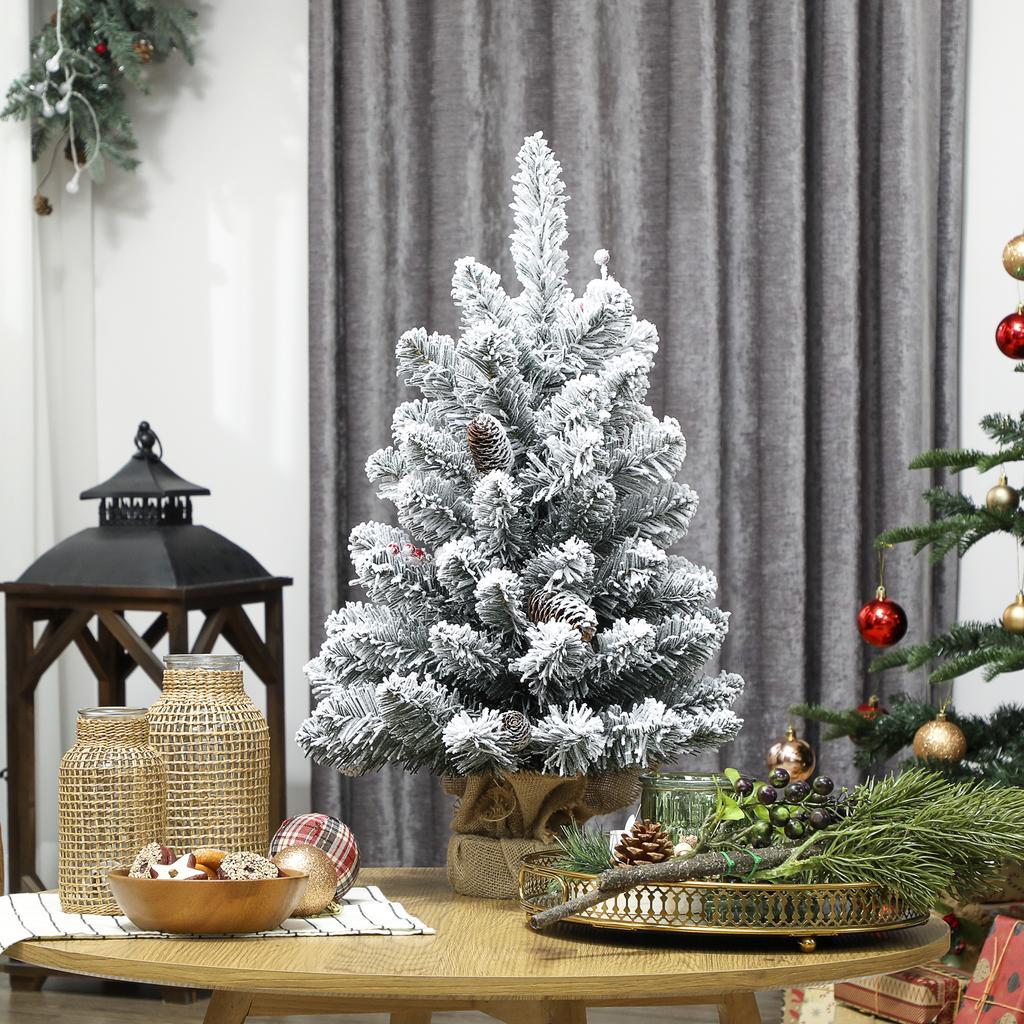 Small Christmas Tree 60 cm Tall with 72 Snow-Covered Branches, Pine Cones and Red Berries, Green