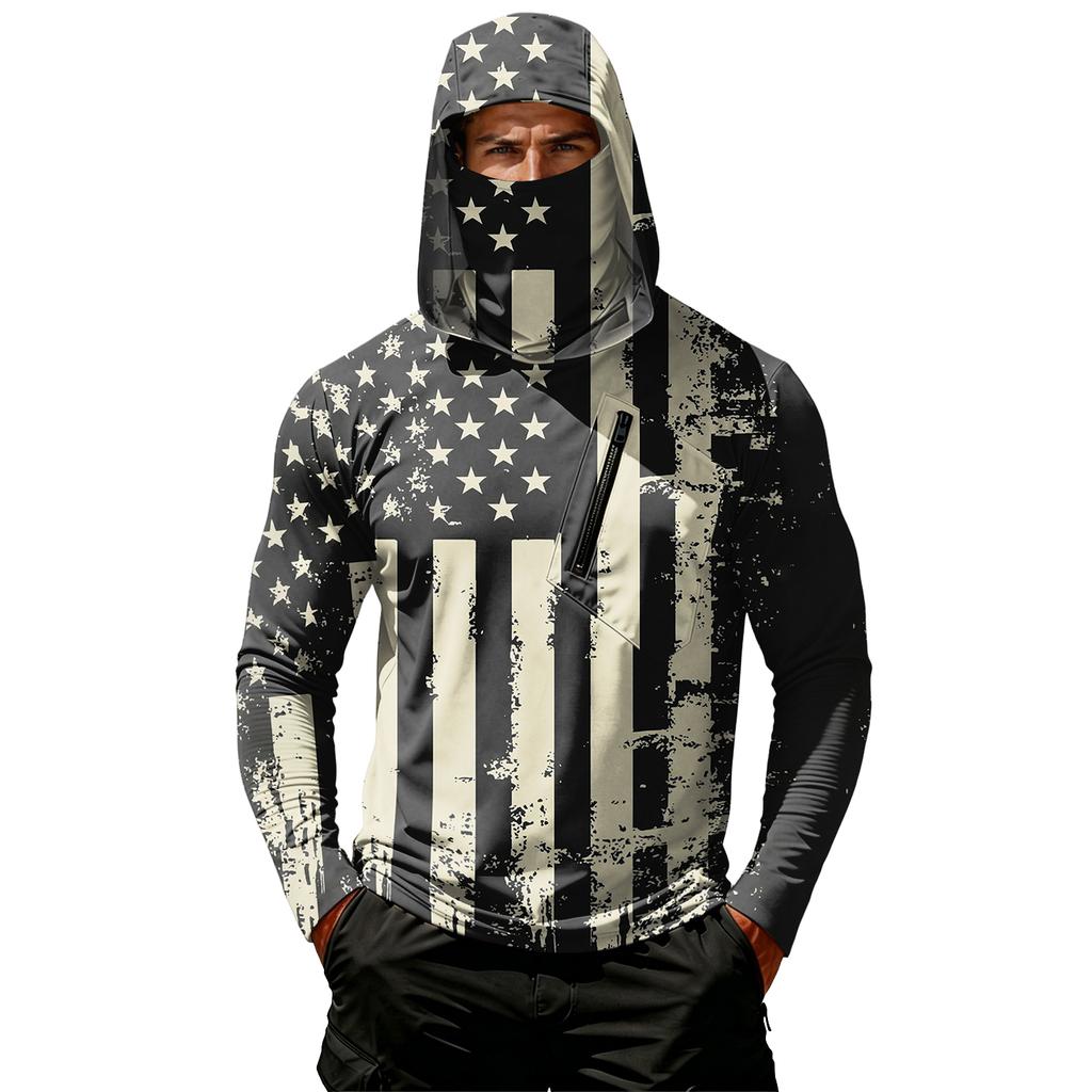 Men’s Casual Hooded Long Sleeve Sun Protection Top with Independence Day Print Lightweight Pullover for Outdoor Activities