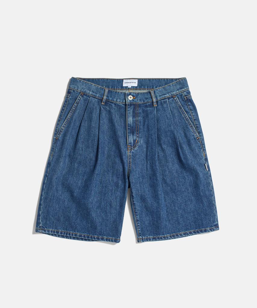 ESPIONAGE Double Pleats Denim Shorts Washed Indigo