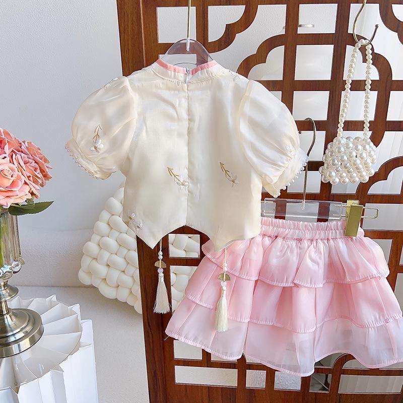 

Girls Chinese Style Short Sleeve Skirt Set - Summer Two-Piece AXA188 Size 90