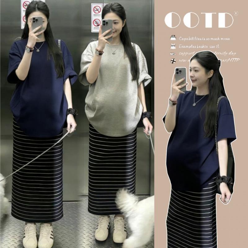 2026 Summer Maternity Top & Striped Skirt Set L