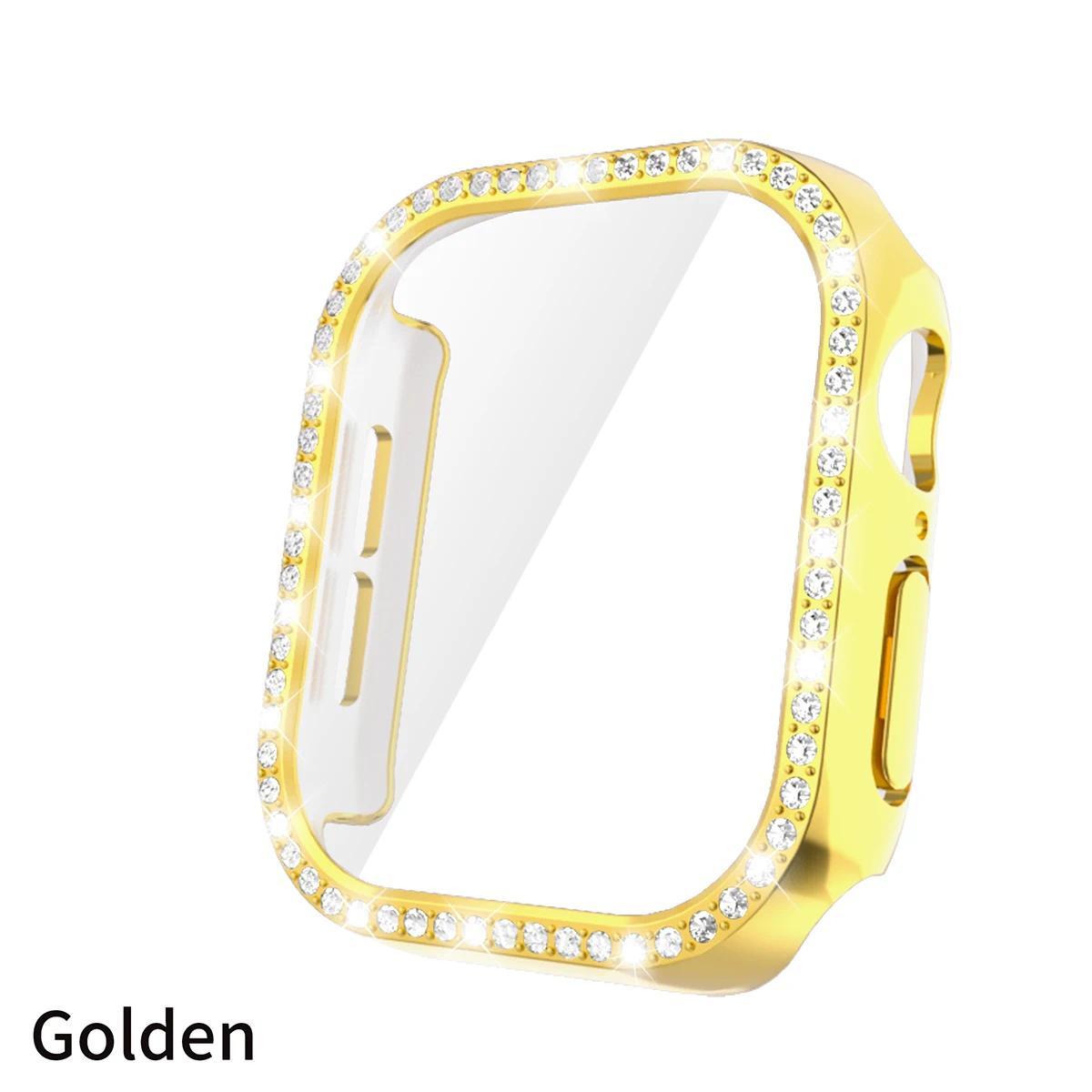 

Блестящее стекло+чехол для Apple Watch 10 42мм 46мм Алмазный жесткий ПК бампер+Защитное стекло Чехол iwatch series 10 Аксессуары s10-42mm золотой