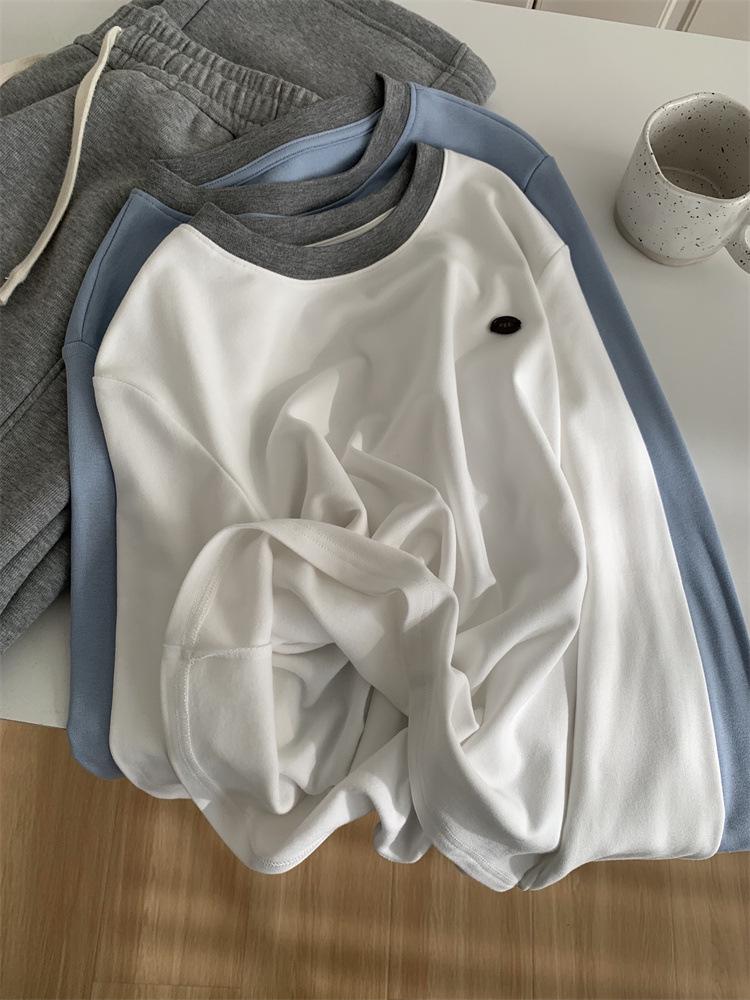 Women's Premium Color Block Round Neck Long Sleeve Fleece T-shirt - Autumn/Winter Imitation Cashmere Base Layer