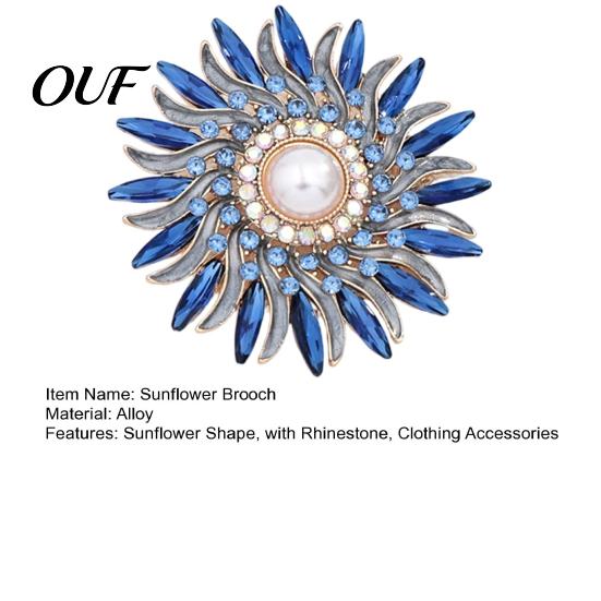 Parties Floral Pin Retro Rhinestone Sunflower Brooch Pin, Lapel with Faux Women Pearl, Metal Flower Badge for Women, Clothing Accessories Decorative