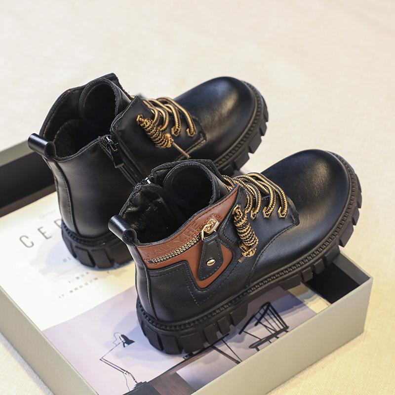 Boy's Winter Boots Fashionable Plush Warm and Casual High Top Cotton Boots Mid-Top Boots Fashion Black Boots