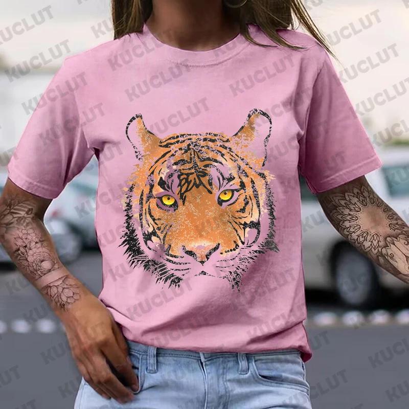 Kortärmad Vardaglig Dammode T-shirt för Kvinnor Tropisk Djungel Vintage Grafisk T-shirt Dam Grunge Tigermönster Sommar T-kläder