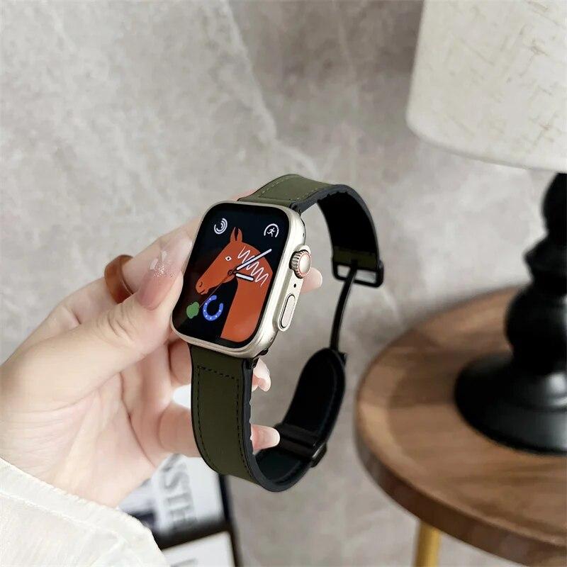Silicon+Leather Bands for Apple Watch Strap 40mm 41mm 42mm 44mm 45mm 49mm Magnetic Buckle Bracelet iWatch Ultra SE2 8 7 6 5 4 3