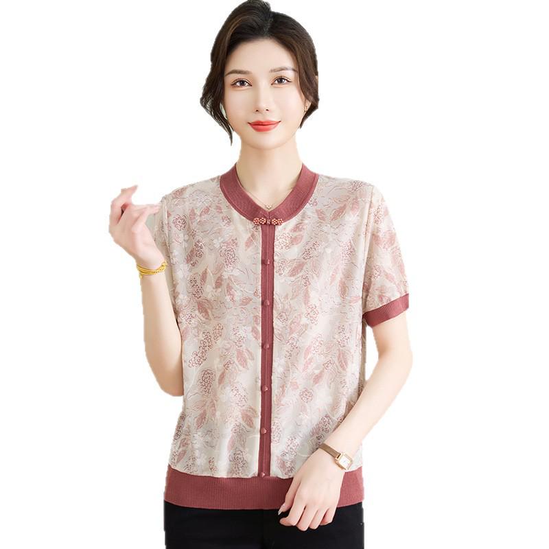 2026 New Chinese Style Ice Silk V-Neck Short-Sleeve Top for Mothers - Elegant Summer Shirt for Middle-Aged and Elderly Women