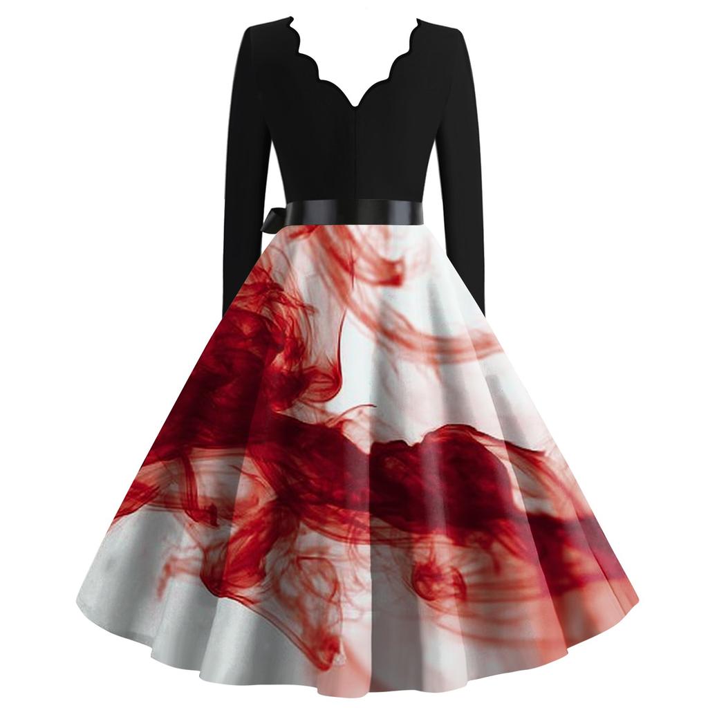 Women's Casual Fashion Halloween Printed V-Neck Vintage Dress
