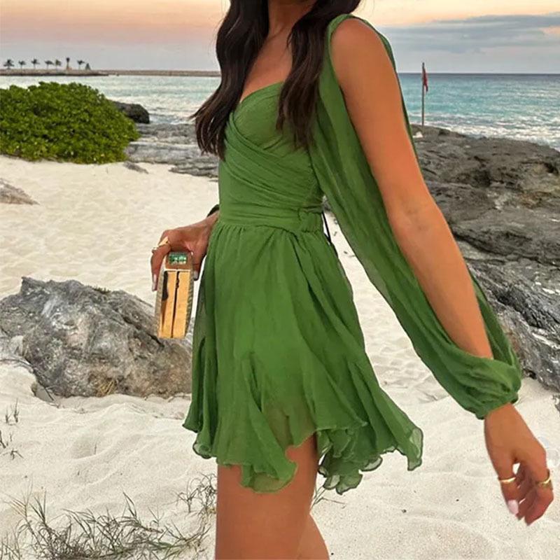 Spring 2026 Women's V-Neck Elegant Solid Pleated Dress - European & American Style