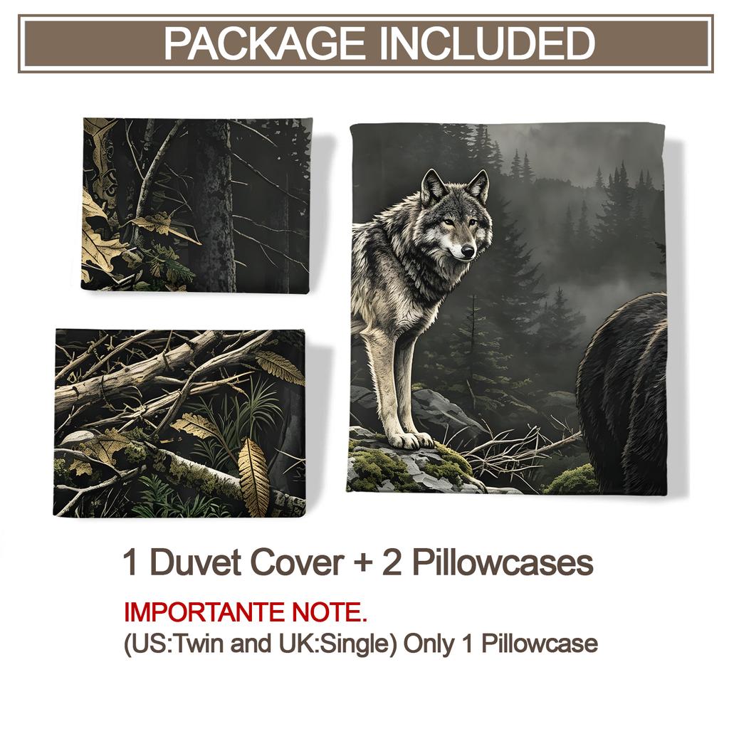 Wild Wolf Black Bear Owl Forest Duvet Cover Set Rustic Wildlife Bedding Set Nature Animal Bed Linen Soft Polyester Bedroom Decor