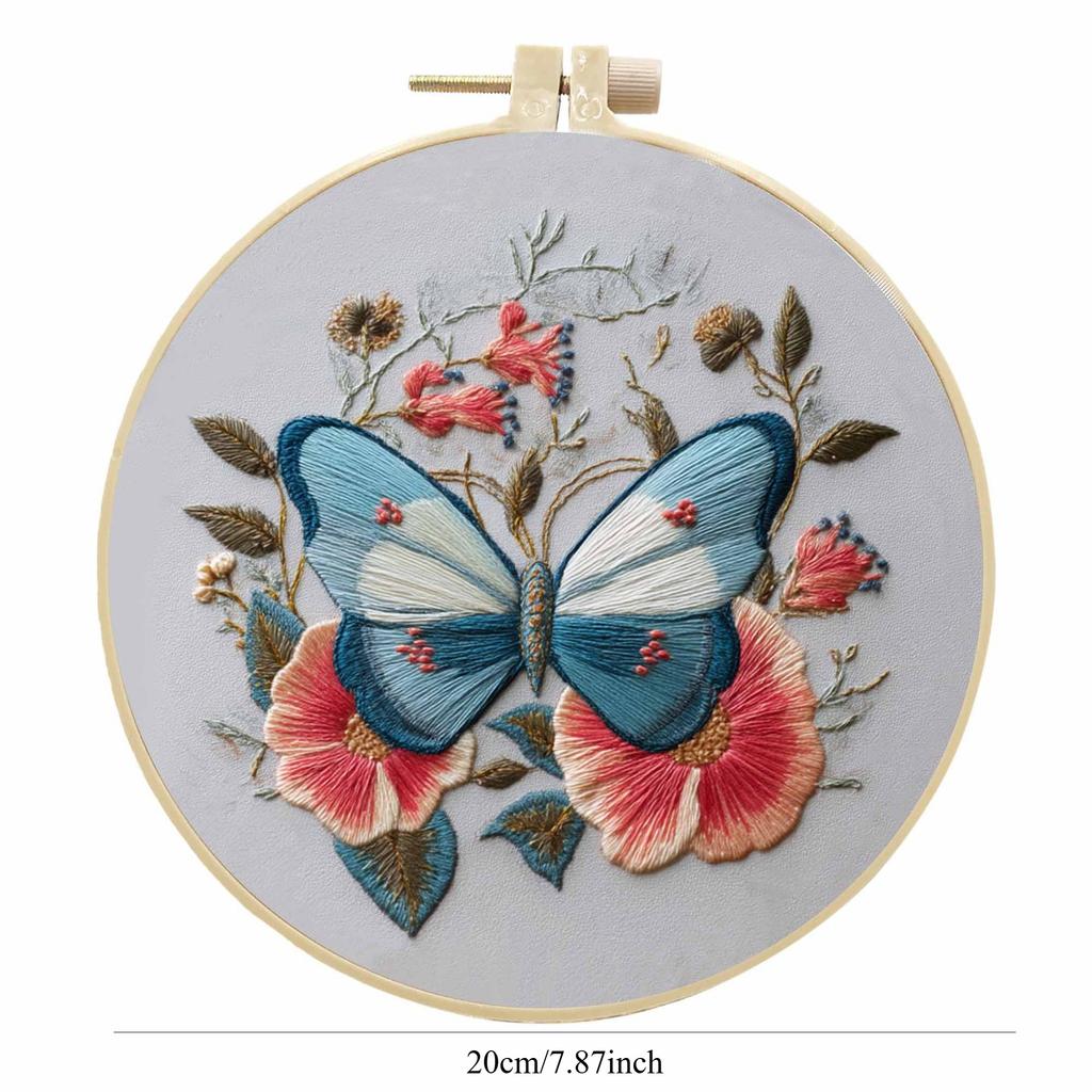 1 set Artistic Butterfly Flower DIY Embroidery Kit, Embroidery Fabric Material Set, Includes tools and stitch tutorials suitable for beginners
