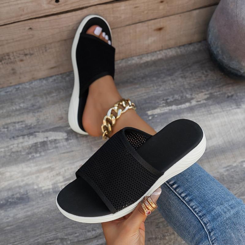 Flat Bottom Slippers Women Summer Round Head Mesh One Word Outer Wear Breathable Casual Sandal Slippers