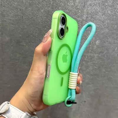 Pour Magsafe Coque avec Lanière Couleur Bonbon Contraste pour iPhone 16 15 Pro Max 14 Plus 11 12 13 16e Bracelet de Poignet Souple Mat