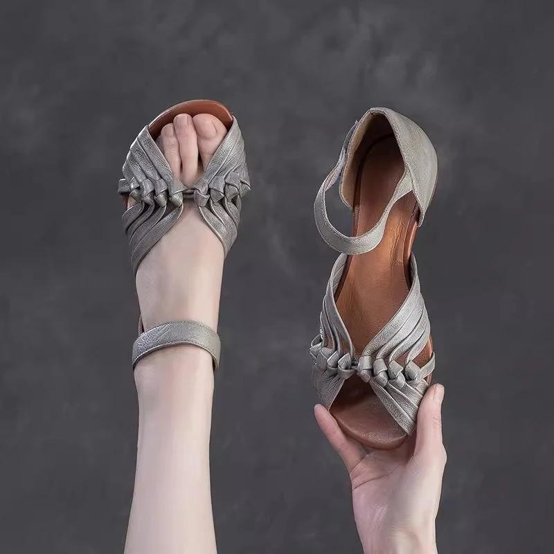 2025 Summer New Peep Toed Sandals women Hollowed Out Hand Woven Flat Sandals Leather Retro Low Heel