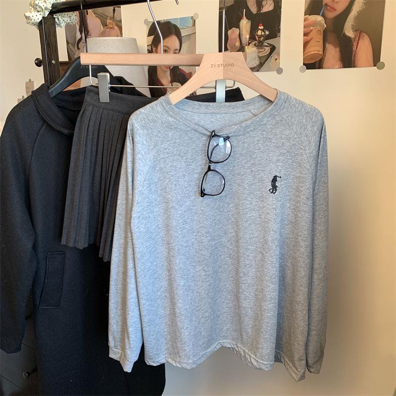 

Женская серая футболка реглан с круглым вырезом и длинным рукавом с вышивкой: Осень Повседневный Свободный Крой. Medium серый