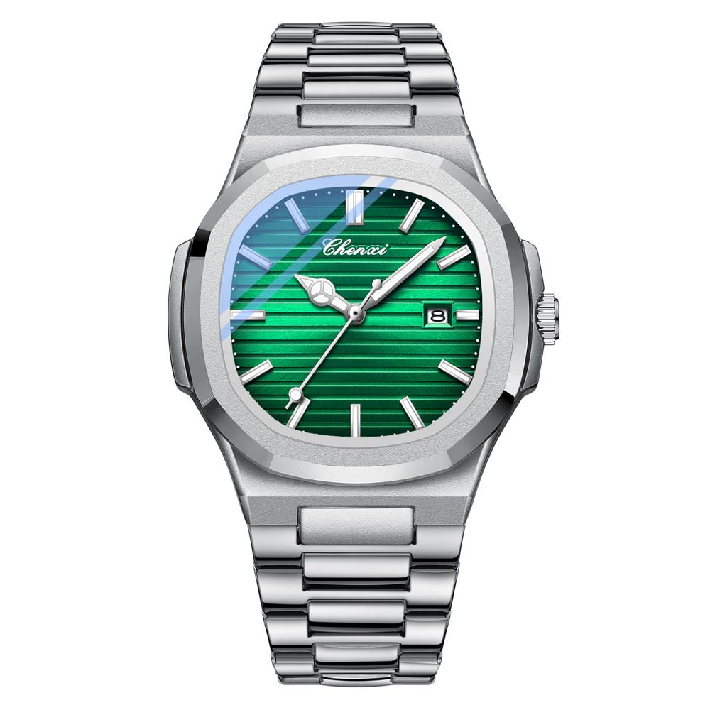 CHENXI Solid Stainless Steel Strap Quartz Watch Men Octagonal Alloy Case Striped Dial Business Men's Wristwatches with Calendar