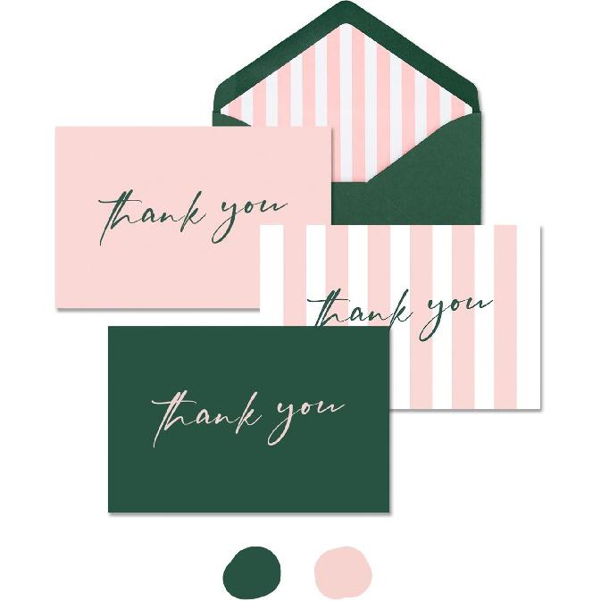 AZAZA Thank You Cards with Envelopes Striped 24 Pcs, Pink Thank You Cards Bulk Baby Shower Girl, Wedding Thank You Cards Green and Pink, Blank Thank