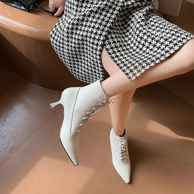 Fashion Hot Genuine Leather Women Boots Fashion Lace-up Ankle Boots Pointed Toe Thin Heels Modern Boots Handmade Women Shoes Cross-tied