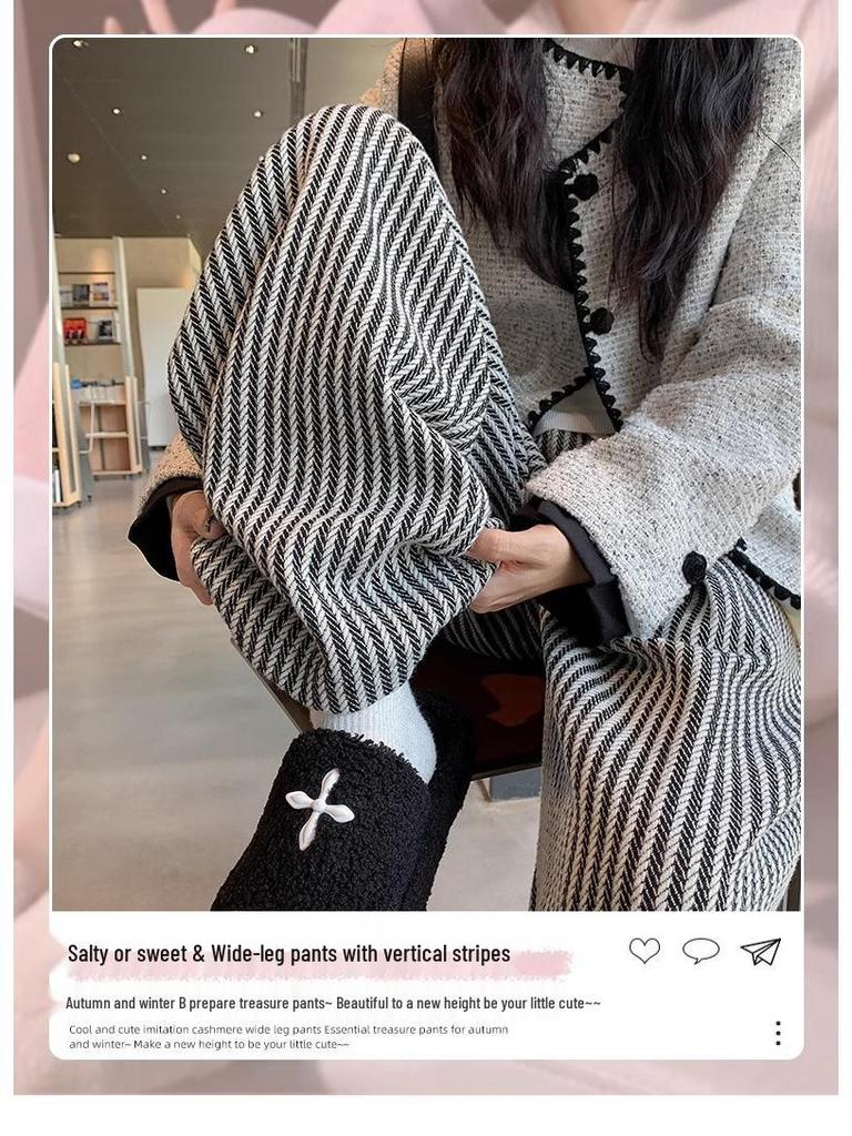 American Retro Pinstripe Woolen Petite Wide-Leg Pants - Casual Straight-Leg Streetwear 145cm