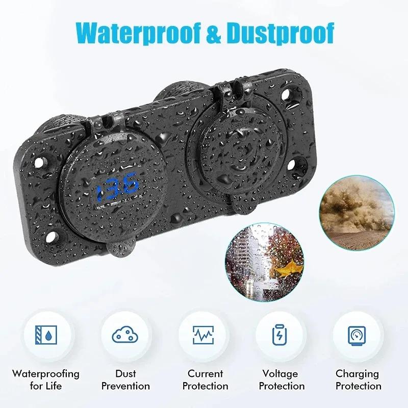 Waterproof Cigarette Lighter Outlet Quick Charge 3.0 12V/24V Dual USB Car Socket with LED Voltmeter Touch Switch for Car RV Boat