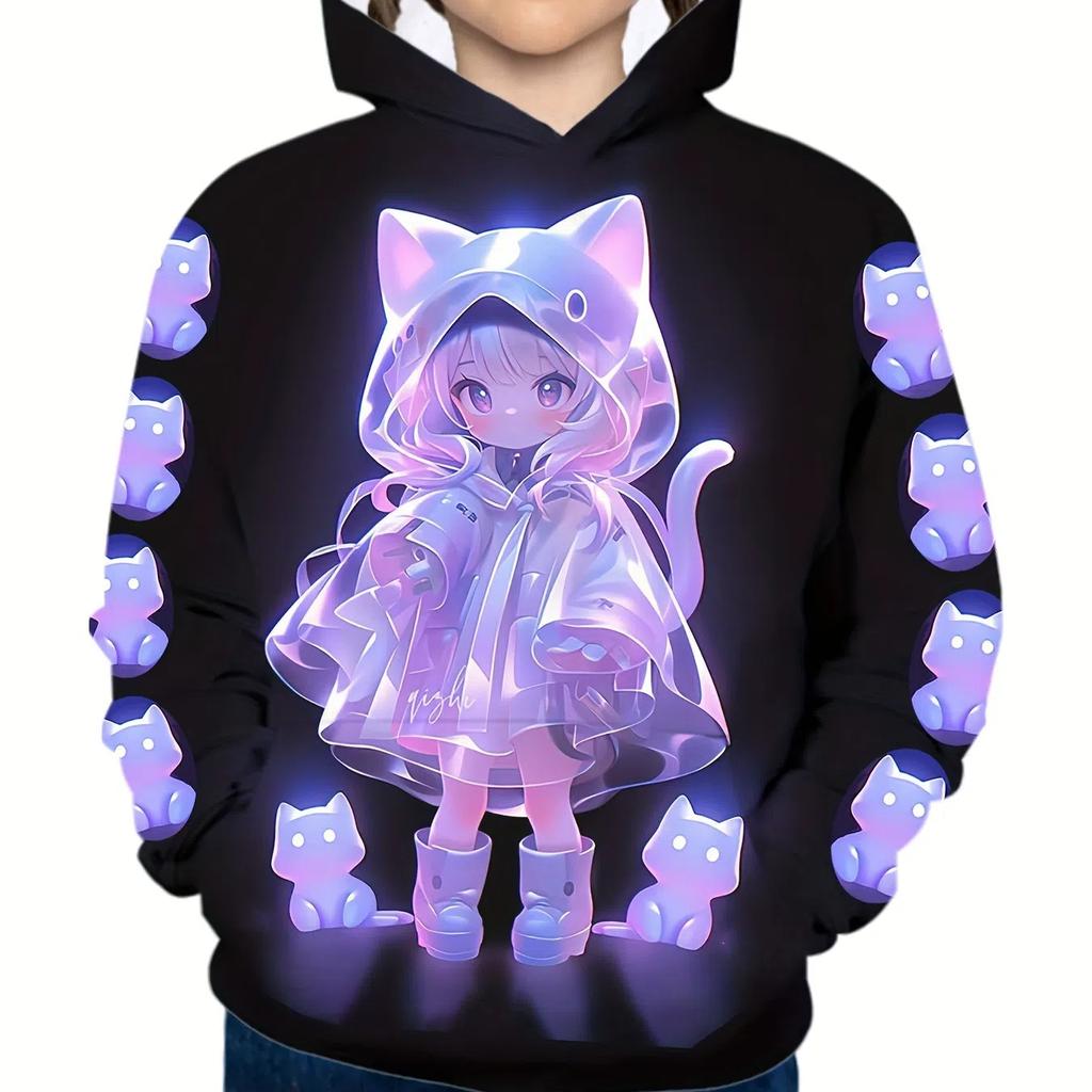 Girl's Cute Anime Girl and Cat 3D Pattern Trendy Hoodie Loose Casual Comfy Tops Hooded Sweatshirts for Kids Fall Winter Clothing