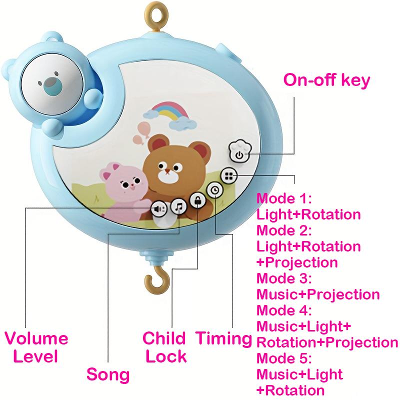 360° Musical Baby Crib Mobile Rotating Night Light Projection Bed Bell Toy Four Speed Timming Hanging Infant Newborn Bedside Gif