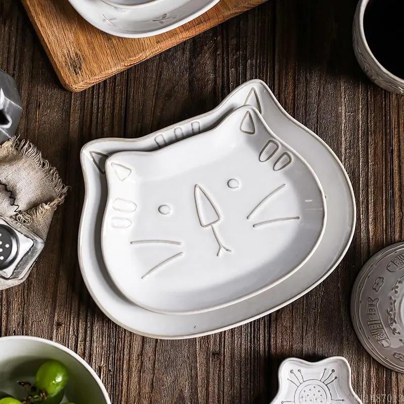 Creative White Glaze Japanese Embossed Cartoon Cute Cat Ceramic Tableware Home Kitchen Restaurant Supplies Fish dinner plates