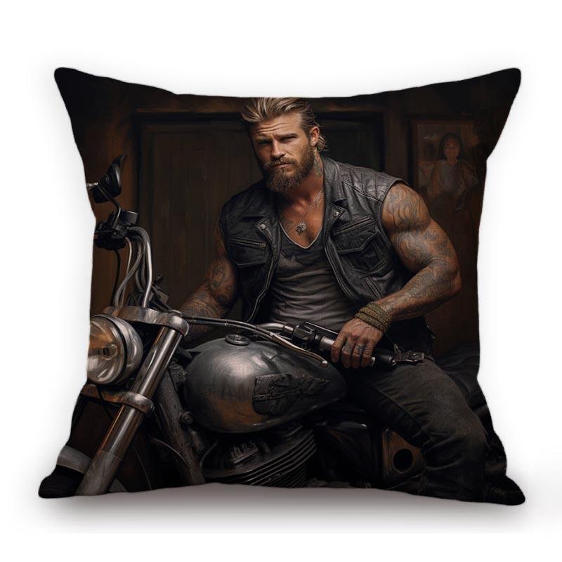 Handsome Sexy Muscle Man Motorcycle Chopper Bike Poster Art Home Decorative Sofa Pillow Case Cotton Linen Cushion Cover