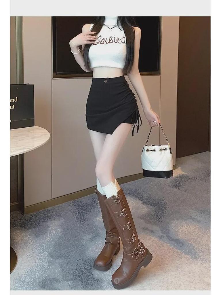 Damen High Waist Schwarze Unregelmäßige Rockhose - Sommer 2024 A-Linie Slim Fit