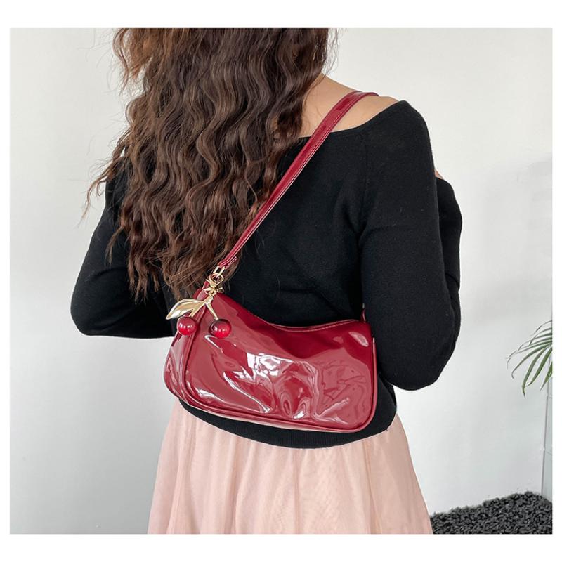 Women'S Pu Leather Handbag Versatile Fashion Solid Color Cherry Pendant Shoulder Bag Casual Commuting Bag Girl Underarm Bag