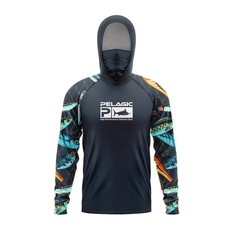 Mens Quick-Dry Hooded Fishing Shirt With Face Cover UV Protection Breathable Lightweight Summer Outdoor Sportswear