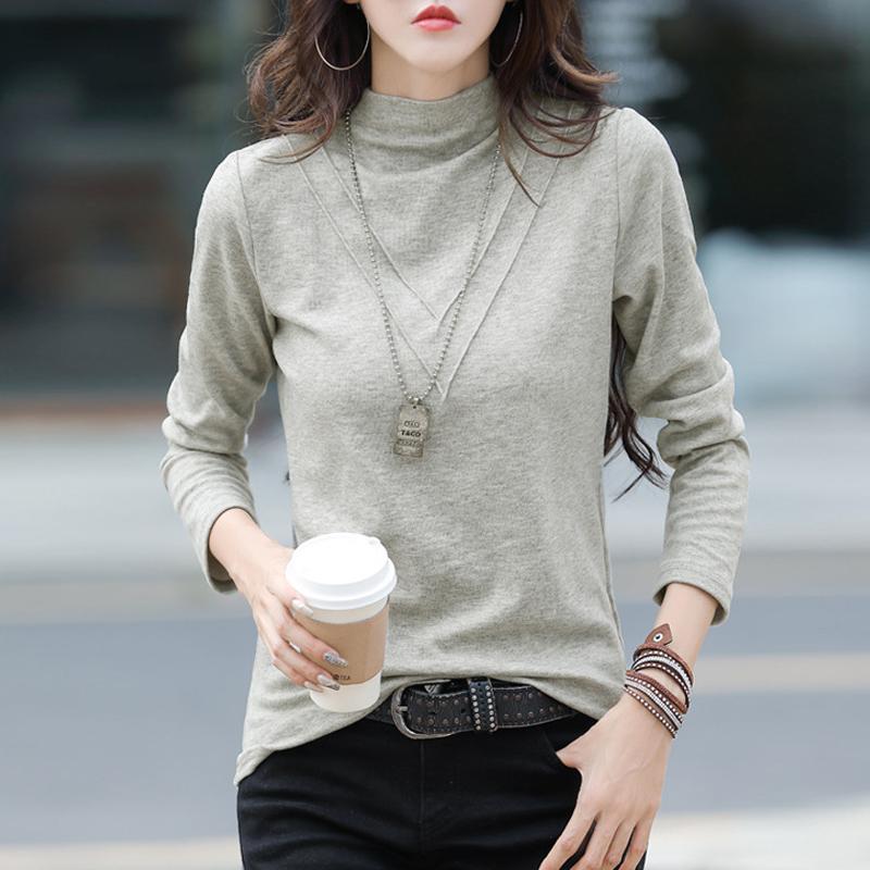 

Нижняя рубашка с половиной высокого воротника, простая однотонная тонкая футболка с длинным рукавом для женщин, топы с длинными рукавами