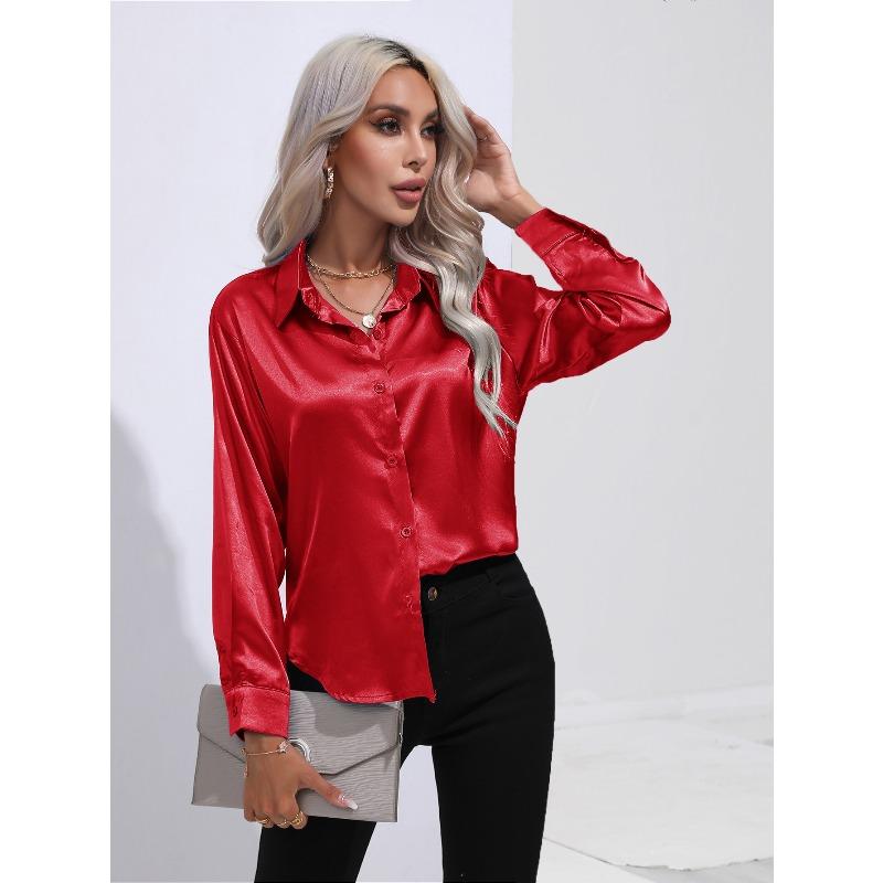 JPNTKY Women's Fashion Casual Solid Color Print Long Sleeve POLO Neck Blouses & Shirts