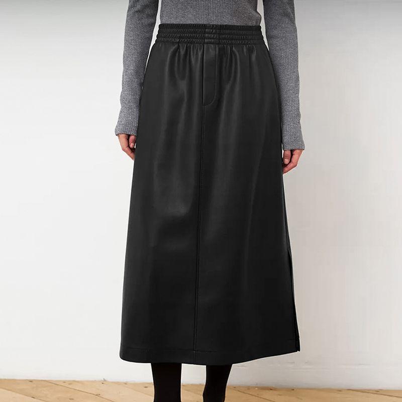 

Black Skirt Pure Color Elegance Elastic Waist Pu Long Skirt Split Ol Work Clothing Black L(Suggested 57.50 kg-62.50 kg)