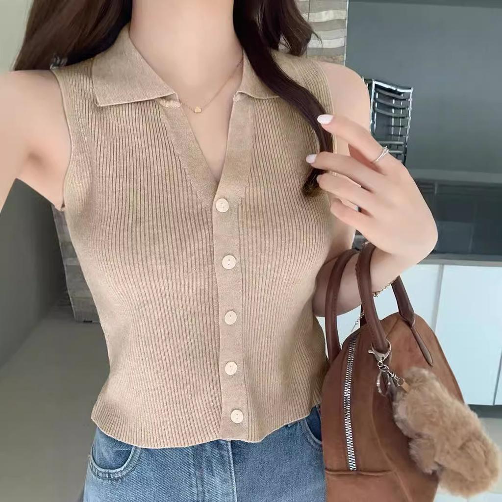 Lapel Ice Silk Slim Fit Vest for Women Summer Early Fall Thin Knit Tank Top Sleeveless Short Sleeve Casual Layering Outwear
