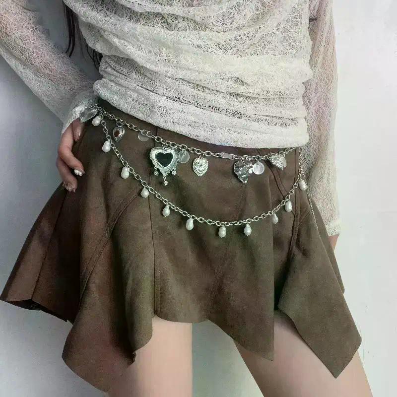 Double Layer Heart Pearl Waist Chain Vintage Silver Metal Belly Chain For Women Y2K Skirt Pants Accessory