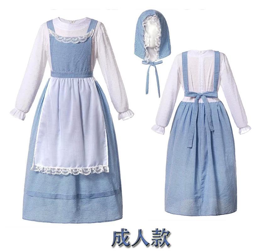 Neues Modell, blau kariertes Bauernmädchen, kleiner frischer ländlicher Stil, Fotografie Fotoausflug, Eltern-Kind-Outfit